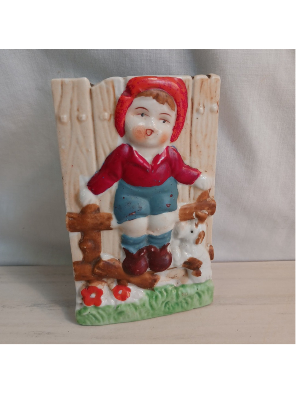 Vintage Porcelain Wall Pocket Child On Fence With Dog Made In Japan MCM